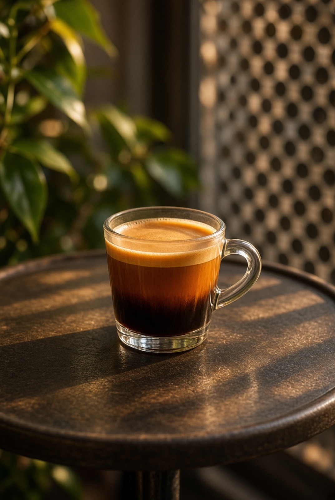 A double espresso in a clear glass on a round table.