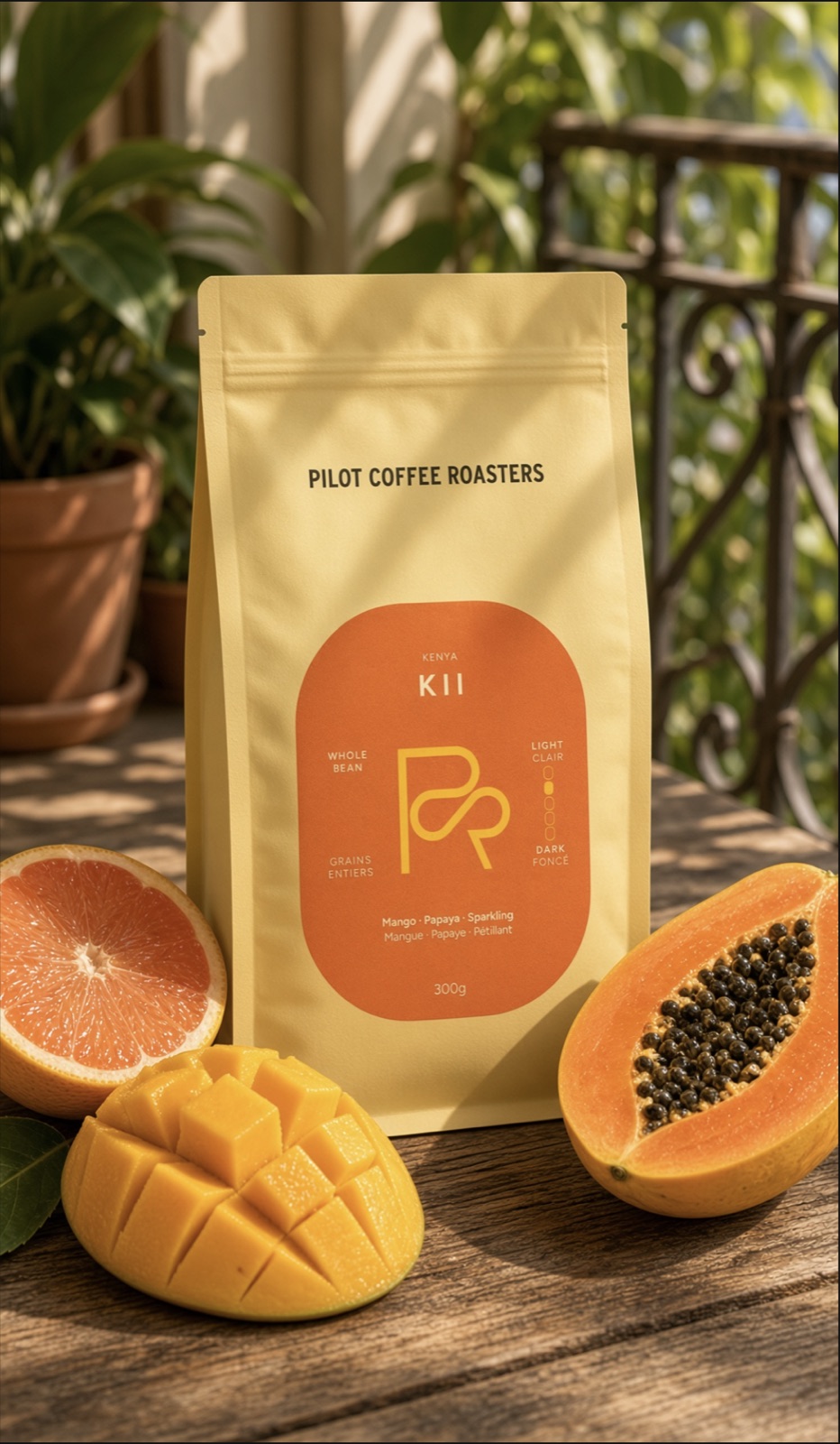 The Kii bag from Pilot Coffee Roasters on a wooden table, beside a halved grapefruit, a cubed mango and a halved papaya.