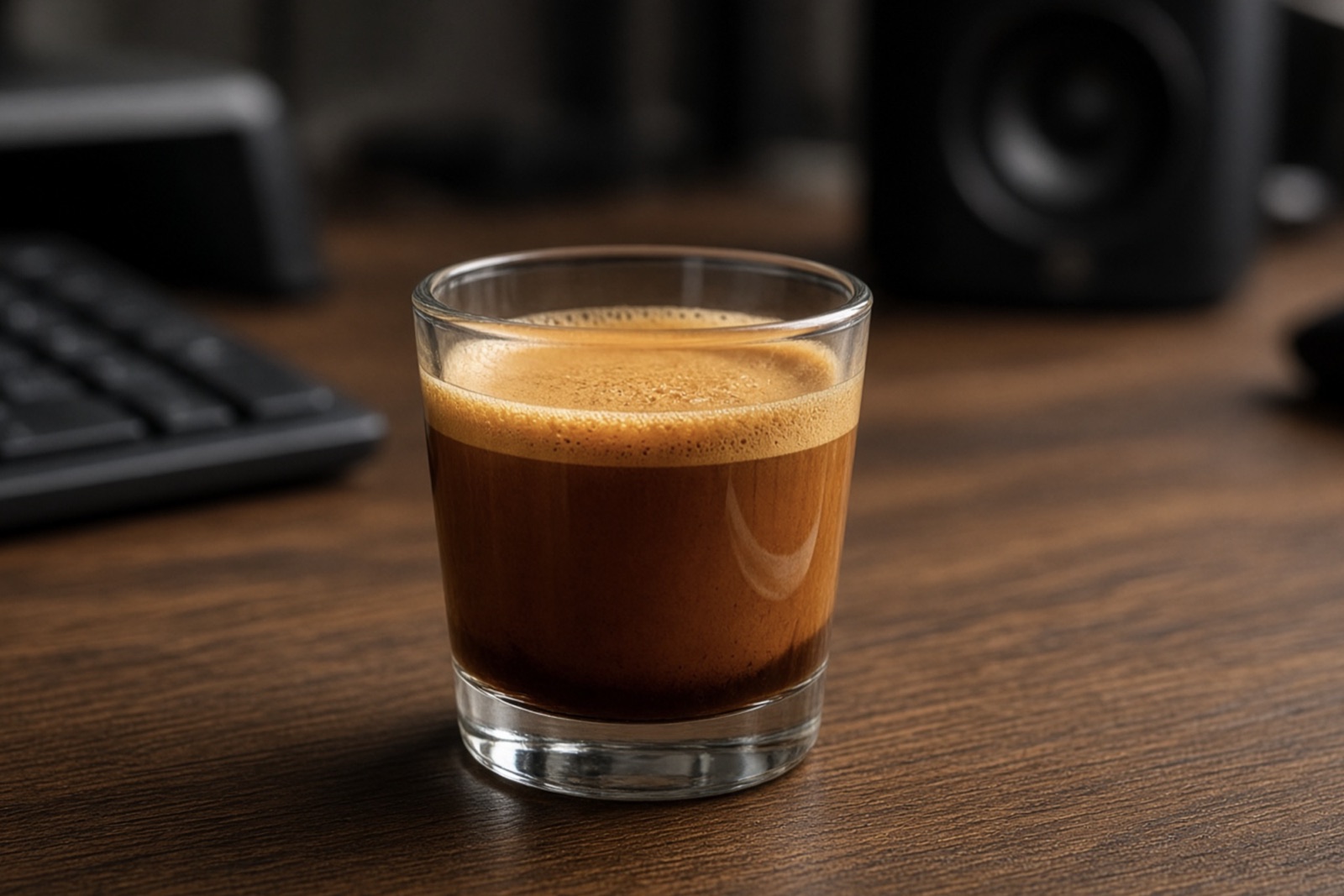 A double espresso in a clear glass on a dark wooden desk, keyboard behind it.