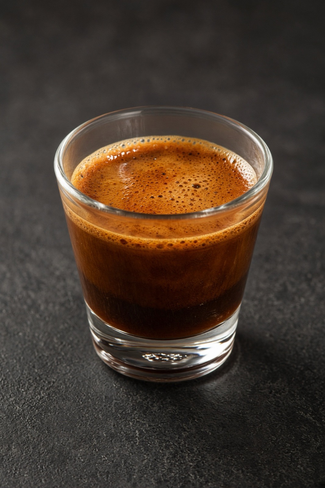 A double espresso in a clear glass on a dark stone surface, under a thick orange-brown crema.