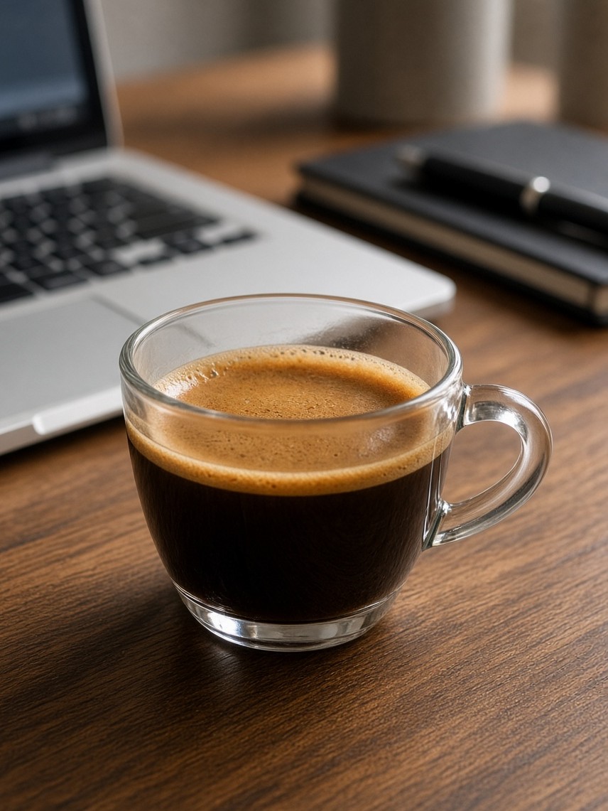 A double espresso in a clear glass cup with a handle, under a thick golden-brown crema, on a wooden desk beside a laptop and a notebook with a pen.